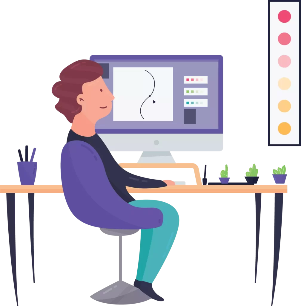 Illustrated man sitting in front of desktop